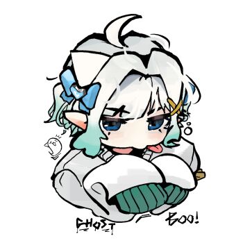 Rule 34 | :p, absurdres, alternate costume, blue eyes, blush stickers, chibi, commentary, densetsu.exe, ghost, ghost girl, ghost pose, gradient hair, green hair, grey hair, grey sweater, hair ornament, hairclip, highres, looking at viewer, maid headdress, mint fantome, multicolored hair, pointy ears, short hair, simple background, sleeves past fingers, sleeves past wrists, sweater, tongue, tongue out, triangular headpiece, two side up, virtual youtuber, wavy hair, wenthecreator, white background, x hair ornament