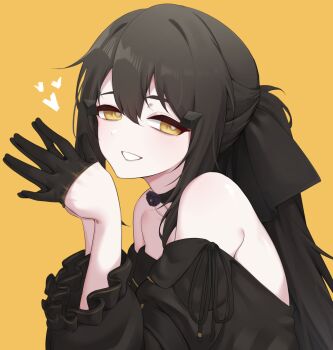 Rule 34 | 1girl, adachi t (xadachit), bare shoulders, black choker, black dress, black gloves, black hair, choker, commentary, dandelion (girls' frontline), dated commentary, dress, english commentary, girls' frontline, girls' frontline 2: exilium, gloves, hair ornament, half gloves, heart, highres, long hair, looking at viewer, off-shoulder dress, off shoulder, open mouth, own hands together, simple background, smile, solo, white mouth, yellow background, yellow eyes