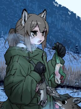 1girl absurdres animal animal_ears fang gloves highres holding hood multicolored_hair open_mouth original ponytail sidelocks solo yihan_world