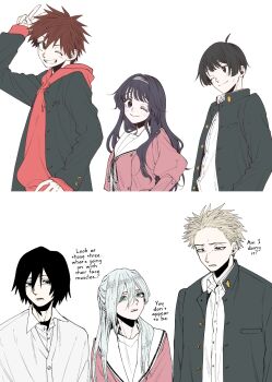 2girls 4boys arm_up black_eyes black_hair black_jacket blonde_hair blue_eyes blue_hair blue_sweater blush brown_eyes collar collared_shirt colorized english_text green_eyes hairband highres hood hooded_jacket hoodie hoshina_subaru jacket kaoru_hana_wa_rin_to_saku long_hair long_sleeves lower_teeth_only mikami_saka multiple_boys multiple_girls natsusawa_saku neckerchief official_art one_eye_closed open_mouth peace_symbol pink_serafuku red_hair red_hood red_hoodie red_jacket sailor_collar school_uniform serafuku shirt shirt_tucked_in shirt_under_sweater short_hair smile stitched sweat sweatdrop sweater teeth third-party_edit translated tsumugi_rintarou upper_teeth_only usami_shouhei waguri_kaoruko wavy_hair white_hairband white_neckerchief white_sailor_collar white_shirt wink yorita_ayato