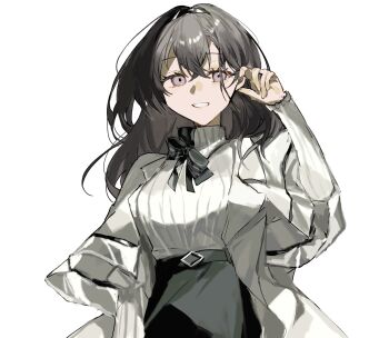 1girl arknights black_bow black_hairband black_skirt bow brown_hair capelet coat commentary_request fumi_(rdbm) grey_eyes hairband hand_up high-waist_skirt highres long_hair long_sleeves looking_at_viewer parted_lips partial_commentary priestess_(arknights) shirt simple_background skirt solo upper_body white_background white_capelet white_coat white_shirt