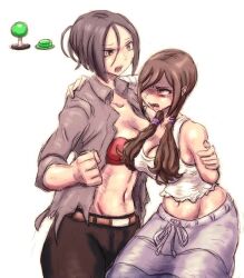 2girls animated black_hair bouncing_breasts bra breasts catfight commentary_request controller gameplay_mechanics hair_over_shoulder joystick large_breasts low_twintails lowres midriff multiple_girls navel open_clothes open_shirt original pain punching red_bra ryona shirt stomach_punch strapless strapless_bra tagme takana_bps_(3rd_imagination) tank_top taut_clothes torn_clothes torn_shirt twintails ugoira underwear video vomit vomiting
