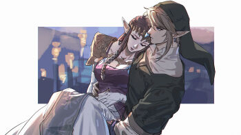 Rule 34 | 1boy, 1girl, armor, blonde hair, border, breasts, brown hair, carrying, cleavage, closed eyes, collared shirt, commentary, crown, dress, earrings, gloves, gold armor, green hat, green tunic, hair between eyes, hat, highres, jewelry, kurokawa karasu, link, long dress, long hair, medium breasts, nintendo, phrygian cap, pointy ears, princess carry, princess zelda, shirt, short hair, shoulder armor, sidelocks, swept bangs, the legend of zelda, the legend of zelda: twilight princess, tunic, untranslatable commentary, white border, white gloves, white shirt