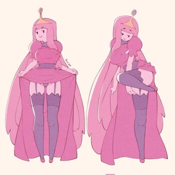 1girl adventure_time black_panties black_thighhighs breasts cameltoe clothes_lift colored_skin covered_erect_nipples dress dress_lift flashing garter_straps highleg highleg_panties highres knee_up large_breasts long_dress panties panty_peek pink_dress pink_hair pink_skin presenting_legs princess_bonnibel_bubblegum seductive_smile simple_background smile solo soul_art12 thigh_gap thighhighs thighs tiara underwear