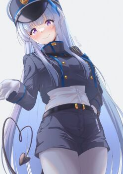 1girl armband blue_archive blue_armband breasts cosplay demon_tail gloves grey_hair halo hat heart heart_tail highres jacket katou_shin&#039;ya_(gingin_power) large_breasts long_hair long_sleeves looking_at_viewer mechanical_halo noa_(blue_archive) nozomi_(blue_archive) nozomi_(blue_archive)_(cosplay) pantyhose pose_imitation purple_eyes shorts smile solo tail train_conductor very_long_hair white_gloves white_hair white_pantyhose