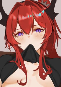 1girl arknights black_shirt blush clothes_in_mouth clothes_lift commentary_request demon_horns highres horns long_hair looking_at_viewer mouth_hold official_alternate_costume okamoto_aoi purple_eyes red_hair shirt shirt_in_mouth shirt_lift solo surtr_(arknights) surtr_(liberte_echec)_(arknights) upper_body