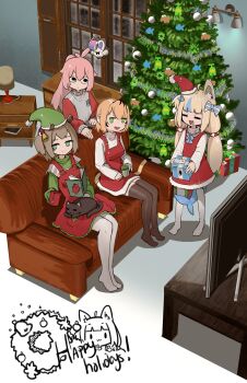 5girls absurdres advarcher ahoge animal animal_ear_fluff animal_ears animal_on_lap antenna_hair blonde_hair blue_streaks brown_hair brown_thighhighs cat cat_ears cat_on_lap christmas_tree commentary cup dooby dress english_commentary fins fish_girl fish_tail fur-trimmed_dress fur_trim gift green_eyes green_santa_costume hat highres holding holding_cup holding_gift indie_virtual_youtuber jerboa jerboa_tail lifebuoy_hair_ornament long_hair low_twintails multicolored_hair multiple_girls mumble_(shachimu) namie nimi_nightmare on_lap one_side_up open_mouth original overalls pinafore_dress pink_hair red_overalls sameko_saba santa_costume santa_hat short_hair sleeveless sleeveless_dress sleeves_past_wrists smile streaked_hair sweater tail tapir tapir_ears tapir_girl teabag thighhighs turtleneck turtleneck_sweater twintails very_long_hair virtual_youtuber
