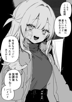 1girl bandaid bandaid_on_face bandaid_on_finger bandaid_on_hand coat commentary gauze gauze_on_cheek greyscale highres kuga_tsuniya long_hair looking_at_viewer monochrome open_clothes open_coat open_door original smile speech_bubble splash_page sweater translated waving