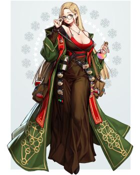 1girl blonde_hair breasts brown_skirt cleavage coat earrings flask full_body glasses glint green_coat green_eyes hair_ornament hand_up highres jewelry long_hair long_skirt long_sleeves looking_at_viewer medium_breasts necklace off_shoulder original parted_lips potion print_coat red_shirt rinotuna sefirot shirt skirt smile solo standing star_(symbol) star_earrings star_hair_ornament