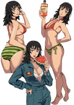 1girl anya_(mouthwashing) aqua_jumpsuit arm_behind_back arm_up barefoot bikini black_hair bra breasts cleavage commentary cowboy_shot cropped_legs drink english_commentary food food_print fruit fruit_print full_body grey_eyes hand_in_own_hair hand_on_own_hip highres holding holding_drink holding_food horseshoe_print jumpsuit long_hair looking_at_viewer looking_back medium_breasts mouthwash mouthwashing multiple_views navel open_jumpsuit open_mouth shiren_(ourboy83) side-tie_bikini_bottom simple_background smile standing stomach striped_bikini striped_clothes swimsuit teeth underwear upper_teeth_only watermelon watermelon_print white_background white_bra