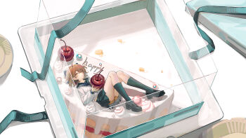 1girl absurdres ahoge aqua_ribbon birthday_cake black_sailor_collar black_shoes black_skirt black_socks brown_eyes brown_hair brown_shorts cake cherry chinese_commentary commentary_request food frilled_shorts frills fruit hanser_(vtuber) highres holding holding_food holding_fruit indie_utaite indie_virtual_youtuber kneehighs lance_no_lot loafers looking_at_viewer lying mini_person minigirl on_back on_food pastry_box ribbon sailor_collar sailor_shirt school_uniform serafuku shirt shoes short_hair shorts shorts_under_skirt skirt socks solo utaite virtual_youtuber white_shirt