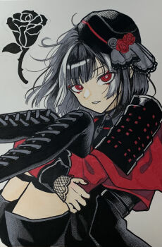 1boy armor black_boots black_flower black_hat black_shorts boots bright_pupils capelet flower grey_background grey_hair hat hat_flower highres hugging_own_legs japanese_armor kyogoku_masamune lace-up_boots long_sleeves looking_at_viewer male_focus multicolored_hair parted_lips red_capelet red_eyes red_flower red_rose rose shirt short_hair shorts shoulder_armor simple_background sode solo streaked_hair thigh_boots thighs touken_ranbu traditional_media trap white_hair white_pupils yummi