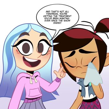 2girls andrea_davenport blue_hair closed_eyes commentary drawstring english_commentary english_text highres hood hoodie index_finger_raised joseartcentenoofficial looking_at_viewer molly_mcgee multiple_girls pink_hoodie pleated_skirt ringer_t-shirt shirt skirt speech_bubble the_ghost_and_molly_mcgee toon_(style) torn_vest white_shirt