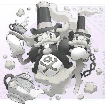 Rule 34 | albrt-wlson, alternate color, chain, commentary, cup, deviantart username, english commentary, full body, fusion, galarian form, galarian weezing, gas, gen 8 pokemon, gloves, greyscale, highres, holding, holding plate, monochrome, monocle, mr. rime, multiple heads, nintendo, opaque monocle, plate, pokemon, polteageist, shiny pokemon, skull and crossbones, smile, steam, teacup, watermark, web address, white gloves