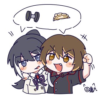 Rule 34 | +++, 2girls, :d, aikawa jurina, arm around shoulder, arm up, arms at sides, artist name, black hair, black jacket, blonde streaks, blue eyes, blush, brown eyes, brown hair, brown jacket, buttons, chibi, chinese commentary, clenched hand, collared shirt, commentary request, cropped torso, double-breasted, dumbbell, dumpling, fang, food, hair between eyes, hand on another's shoulder, hand up, high ponytail, highres, jacket, jiaozi, jiu hao fadian ji, long hair, looking ahead, looking at viewer, looking up, moriyasu kuina, multicolored hair, multiple girls, neck ribbon, open mouth, ponytail, purple ribbon, ribbon, school uniform, shared speech bubble, shirt, short hair, short sleeves, shoujo kageki revue starlight, shoujo kageki revue starlight -re live-, side-by-side, simple background, smile, speech bubble, spoken food, spoken object, streaked hair, upper body, v-shaped eyebrows, white background, white shirt, white streaks