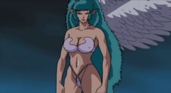 Rule 34 | 00s, 1girl, 2002, animated, animated gif, breasts, curly hair, demon, demon girl, eyeshadow, feathered wings, feathers, genyo (the urotsuki), green hair, large breasts, lipstick, long hair, lowres, makeup, pointy ears, queen, sidelocks, tagme, thick lips, urotsukidouji, weapon, wings, yellow eyes