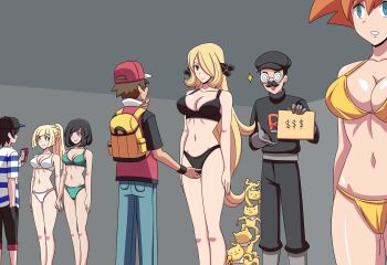 bikini black_hair blonde_hair bra breasts cleavage clitoral_stimulation clothed_masturbation cynthia_(pokemon) electrickronos elio_(pokemon) empty_eyes expressionless gen_1_pokemon hat highres holding_hands hypno hypnosis large_breasts lillie_(pokemon) long_hair masturbation mind_control misty_(pokemon) multiple_girls navel nintendo orange_hair panties pokemon pokemon_dppt pokemon_rgby pokemon_sm red_(pokemon) selene_(pokemon) sex_slave short_hair slave smile standing swimsuit team_rocket team_rocket_grunt underwear underwear_only
