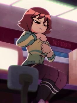 1girl alternate_legwear animated animated_gif artist_collaboration artist_name black_bra black_eyes black_shoes black_skirt black_socks bouncing_breasts bra breasts chromatic_aberration closed_mouth commentary crossed_legs desk english_commentary frown green_jacket hair_between_eyes half-closed_eyes indoors jacket kim_pine kneehighs large_breasts long_sleeves looking_at_viewer looking_down navel on_desk open_clothes open_jacket paid_reward_available raised_eyebrow red_hair scott_pilgrim_(series) shoes sitting skirt socks solo thighhighs thighs twistedgrim underwear v-shaped_eyebrows yellow_jacket