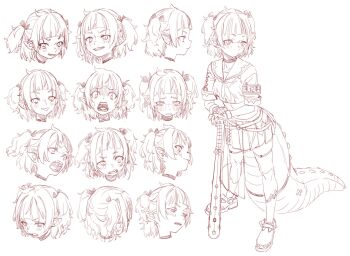 1girl :p agemmata ahoge armband blunt_bangs choker commentary constricted_pupils crocodile_girl crocodilian_tail earrings english_commentary fingerless_gloves gloves greyscale grin highres jewelry monochrome multiple_expressions multiple_views nitya_nil open_mouth phase_connect pleated_skirt pointy_ears sharp_teeth short_hair short_sleeves short_twintails simple_background skirt smile spiked_bat stud_earrings tail teeth tongue tongue_out twintails