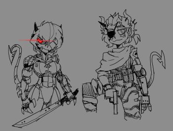 Rule 34 | 2girls, absurdres, beelzebub (helltaker), belt pouch, black horns, camouflage, camouflage pants, cloak, commentary, cosplay, cropped legs, cyborg, demon girl, demon tail, english commentary, eyepatch, freckles, glowing, glowing eye, greyscale, gun, handgun, helltaker, highres, holding, holding gun, holding sword, holding weapon, horns, jacket, looking at viewer, malina (helltaker), mechanical arms, metal gear (series), metal gear rising: revengeance, metal gear solid v: ground zeroes, metal gear solid v: the phantom pain, monochrome, multiple girls, pants, pouch, raiden (cosplay), raiden (metal gear), red eyes, scar, scar across eye, scar on face, short hair, single mechanical arm, sketch, spot color, sword, tail, vanripper, venom snake, venom snake (cosplay), weapon, white hair, white horns