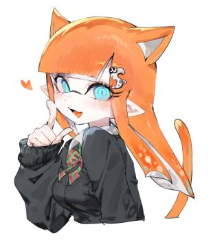 1girl :d animal_ears black_sweater blue_eyes blunt_bangs bow bowtie cat_ears cat_girl cat_tail collared_shirt colored_tongue commentary_request cropped_torso extra_ears finger_to_cheek green_bow green_bowtie hair_ornament hairclip hand_up highres inkling inkling_girl inkling_player_character long_hair long_sleeves looking_at_viewer nintendo open_mouth orange_hair orange_tongue pink_bow pink_bowtie pointy_ears shirt sidelocks simple_background sleeves_past_wrists smile solo splatoon_(series) striped_bow striped_bowtie striped_clothes sweater tail tentacle_hair togetoge two-tone_bow two-tone_bowtie white_background white_shirt