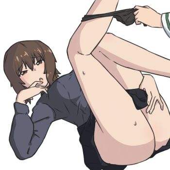 1girl 1other :o black_panties black_skirt brown_eyes brown_hair clothes_pull commentary dress_shirt english_commentary finger_to_mouth girls_und_panzer grey_shirt half-closed_eyes highres huaronanago incest knees_up kuromorimine_school_uniform leg_up long_sleeves looking_at_viewer lying miniskirt nishizumi_maho on_back open_mouth out_of_frame panties panty_pull pleated_skirt pulling_own_clothes pulling_another&#039;s_clothes school_uniform shirt siblings simple_background sisters skirt skirt_pull sweat underwear white_background yuri