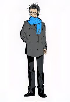Rule 34 | 1boy, black hair, black pants, black shoes, blue scarf, brown eyes, catfish05, closed mouth, coat, commentary, frown, full body, glasses, grey coat, hand in pocket, highres, long sleeves, male focus, nanjou kei, pants, persona, persona 1, scarf, shoes, short hair, simple background, solo, standing, symbol-only commentary, white background