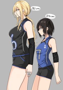 2girls absurdres arm_warmers bandaged_fingers bandages bare_shoulders black_shirt black_shorts blonde_hair blue_shirt breasts brown_eyes brown_hair closed_mouth commentary_request cowboy_shot elbow_pads fuku_(fuku12290574) grey_background height height_comparison height_difference highres jersey large_breasts long_hair low_ponytail multiple_girls one_side_up original ponytail profile shirt short_hair shorts simple_background sleeveless sleeveless_shirt small_breasts sportswear standing tall_female volleyball_uniform
