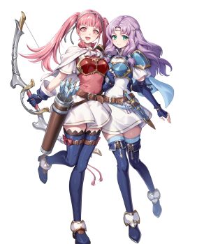 2girls armor arrow_(projectile) belt black_thighhighs blue_boots blue_cape blue_gloves blue_thighhighs blush boots bow_(weapon) breastplate breasts brown_belt cape circlet closed_mouth dagger dress elbow_gloves fingerless_gloves fire_emblem fire_emblem:_the_blazing_blade fire_emblem:_three_houses fire_emblem_heroes florina_(fire_emblem) florina_(skyward_wings)_(fire_emblem) gloves gomashio_ponz green_eyes hairband headband highres hilda_valentine_goneril hilda_valentine_goneril_(skyward_wings) holding holding_bow_(weapon) holding_weapon knife long_hair looking_at_viewer multiple_girls nintendo non-web_source official_alternate_costume official_art open_mouth pink_dress pink_eyes pink_hair purple_hair quiver sheath sheathed short_sleeves shoulder_armor simple_background smile tachi-e thigh_boots thighhighs twintails weapon white_background white_cape white_dress white_hairband white_headband