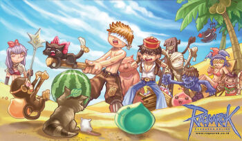 2girls 5boys :3 babalisme beach bear bigfoot_(ragnarok_online) black_cat blacksmith_(ragnarok_online) blonde_hair blue_pants blue_skin blue_sky brown_shorts cat closed_eyes cloud colored_skin commentary dancer_(ragnarok_online) day desert deviruchi dokebi drops_(ragnarok_online) english_commentary food fruit full_body greatest_general_(ragnarok_online) hat holding holding_staff jester_cap long_hair looking_at_another mage_(ragnarok_online) monkey mouse_(animal) multiple_boys multiple_girls mummy mummy_(ragnarok_online) open_mouth outdoors palm_tree pants pink_eyes poporing poring pullcart purple_hair qingdai_guanmao raccoon ragnarok_online red_hat sand shirt short_hair shorts sky slime_(creature) smile smokie_(ragnarok_online) staff standing suikawari sunglasses tarou_(ragnarok_online) thief_(ragnarok_online) topless_male totem tree watermelon white_shirt wildrose yellow-framed_eyewear yoyo_(ragnarok_online) zombie_(ragnarok_online)