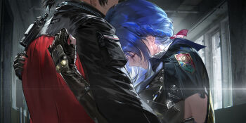 Rule 34 | 1boy, 1girl, black gloves, black jacket, blue hair, braid, braided ponytail, clenched teeth, closed eyes, commander (girls' frontline), dalanxia, dp-12 (girls' frontline), girls' frontline, girls' frontline 2: exilium, gloves, head on chest, head out of frame, helen (girls' frontline 2), highres, indoors, jacket, official art, red jacket, teeth