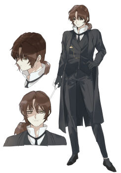 1boy absurdres alternate_costume bags_under_eyes black-framed_eyewear black-framed_glasses black_coat black_gloves black_necktie black_pants black_shoes black_suit black_vest brown_hair closed_mouth coat collared_shirt expressionless facial_hair formal_clothes frown full_body glaring glasses gloves gold_watch gregor_(project_moon) hair_between_eyes half-closed_eyes hand_on_own_hip high_collar highres holding holding_wand jacket jitome kikkoinu limbus_company long_coat long_hair long_sleeves looking_at_viewer looking_to_the_side looking_up low_ponytail male_focus multiple_views necktie pants parted_bangs photoshop_(medium) pixiv_fantasia pocket_watch ponytail project_moon sanpaku semi-rimless_eyewear serious shaded_face shirt shoes sideways_glance simple_background sketch solo standing stubble suit tuxedo under-rim_eyewear upper_body vest wand watch white_background white_shirt yellow_eyes