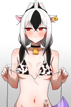 1girl absurdres animal_ears animal_print artist_name averting_eyes bare_shoulders bell bikini black_hair blue_archive blush breasts bright_pupils collarbone commentary cow_ears cow_print cow_print_bikini cowbell english_commentary gradient_background gradient_hair halo highres holding horns kayoko_(blue_archive) kemonomimi_mode long_hair looking_to_the_side low_twintails manli mole multicolored_hair navel neck_bell open_clothes parted_lips print_bikini red_eyes small_breasts solo swimsuit tattoo twintails twitter_username untied_bikini upper_body white_background white_hair