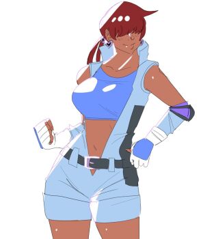 1girl 1shermieaday breasts dark-skinned_female dark_skin earrings female_focus gloves heart huge_breasts jewelry large_breasts long_hair pants ponytail red_hair shermie_(kof) smile tan the_king_of_fighters thick_thighs thighs twintails