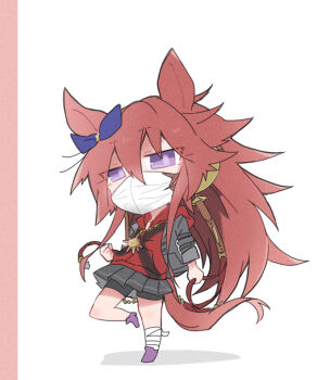 1girl animal_ears bandaged_leg bandages beer_hsk bike_shorts black_shorts blue_ribbon bow brown_hair chibi commentary_request ear_ribbon full_body grey_jacket grey_skirt hair_between_eyes hood hood_down hoodie horse_ears horse_girl horse_tail jacket long_hair mask mouth_mask open_clothes open_jacket orfevre_(old_design)_(umamusume) pleated_skirt purple_eyes purple_shoes red_hoodie ribbon shadow shoes shorts shorts_under_skirt skirt solo standing standing_on_one_leg tail umamusume very_long_hair white_background