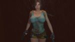 1girl 3d animated blue_eyes bouncing_breasts breasts brown_hair cleavage dual_wielding covered_erect_nipples gun handgun highres holding holster lara_croft large_breasts midriff navel pistol rain short_shorts shorts sweat tank_top thighs tomb_raider video walking weapon video wet