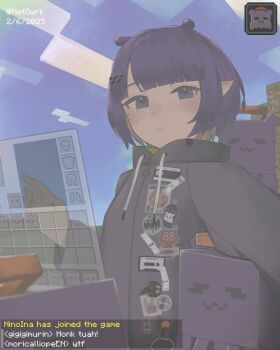 artist_name blue_sky chat_log commentary dated english_text hand_up heads-up_display highres holographic_interface hololive hololive_english long_sleeves looking_at_viewer loungewear minecraft muted_color netqwrk ninomae_ina'nis ninomae_ina'nis_(loungewear) no_sclera official_alternate_costume outdoors pointy_ears purple_hair short_hair sky smile solo symbol-only_commentary takodachi_(ninomae_ina'nis) upper_body user_interface virtual_youtuber