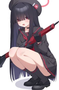 1girl absurdres black_choker black_gloves black_hair black_hat black_sailor_collar black_serafuku blue_archive blush choker crying ddog gloves gun halo hat highres justice_task_force_member_(blue_archive) long_hair long_sleeves looking_at_viewer neckerchief pleated_skirt red_eyes red_halo red_neckerchief sailor_collar school_uniform serafuku simple_background skirt solo straight_hair very_long_hair weapon white_background