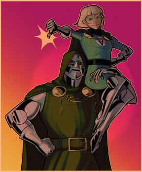 1boy absurdres armor blonde_hair cape capet commentary doctor_doom english_commentary fantastic_four gloves helmet highres hood looking_at_viewer marvel mask polishwah short_hair smile superhero_costume thumbs_down valeria_richards