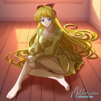 1girl adult_swim aino_minako bare_legs barefoot bishoujo_senshi_sailor_moon bishoujo_senshi_sailor_moon_r bishoujo_senshi_sailor_moon_r:_the_movie bishoujo_senshi_sailor_moon_s bishoujo_senshi_sailor_moon_s_the_movie:_kaguya-hime_no_koibito bishoujo_senshi_sailor_moon_supers bishoujo_senshi_sailor_moon_supers_the_movie:_sailor_9_senshi_shuuketsu!_black_dream_hole_no_kiseki blonde_hair blue_eyes bow breasts cleavage medium_breasts neldorwen on_floor toei_company toonami viz_media