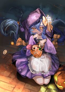 1girl absurdres alternate_costume blue_hair bow candy commentary_request dress food hair_bow halloween halloween_bucket highres holding lamp layla_(genshin_impact) long_hair looking_at_viewer pumpkin purple_dress smile star_(symbol) twintails uwaaatsutsuaa yellow_eyes