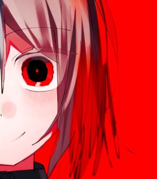 1other black_sweater blush bright_pupils chara_(undertale) close-up closed_mouth colored_eyelashes commentary_request grey_hair hair_between_eyes highres kurobarashan looking_at_viewer other_focus red_background red_eyes red_pupils short_hair simple_background smile solo sweater tsurime turtleneck turtleneck_sweater undertale utdr_(toby_fox) wide-eyed