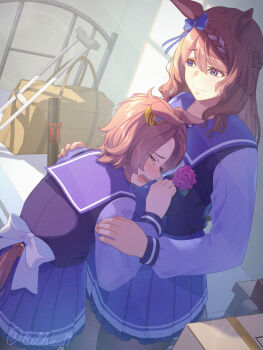 Rule 34 | 2girls, bag, bed, bed frame, blue bow, blue eyes, bow, breasts, brown hair, clothing cutout, commentary request, crutch, crying, ear bow, ear ornament, flower, hair between eyes, highres, hug, indoors, large breasts, lens flare, long hair, multicolored hair, multiple girls, narita taishin (umamusume), open mouth, pink flower, pink rose, purple serafuku, purple shirt, purple skirt, reihou19, rose, sailor collar, school uniform, serafuku, shirt, short hair, skirt, sobbing, streaked hair, super creek (umamusume), tail, tail through clothes, tears, tracen school uniform, twitter username, umamusume, very long hair, white bow, white hair, winter uniform