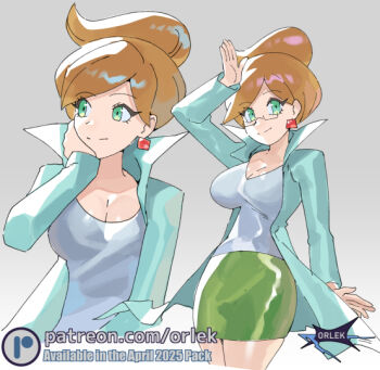 1girl breasts brown_hair cleavage closed_mouth coat glasses green_eyes green_skirt grey_background large_breasts long_sleeves looking_at_viewer multiple_views nintendo open_clothes open_coat orlek pokemon pokemon_bw professor_juniper shirt skirt smile white_shirt