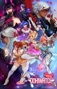 1boy 1other 6+girls alternate_costume animal_request ankle_wings aqua_dress aqua_sleeves between_fingers black_dress black_gloves blonde_hair blue_dress blue_eyes blue_hair boots bow_(weapon) bracer breasts bug cat cleavage clenched_hands commentary cosplay crossbow dark-skinned_male dark_skin dokiwatch_(overwatch) domino_mask dress drill_hair elbow_gloves english_commentary eye_mask familiar flower fox freja_(overwatch) gloves grey_hair hair_ornament heart heart_bracelet heart_hair_ornament heart_of_courage_freja heart_of_grace_widowmaker heart_of_hope_juno heart_of_passion_kiriko heart_of_strength_brigitte highres holding holding_crossbow holding_ofuda holding_weapon juno_(overwatch) lifeweaver_(overwatch) long_hair magical_girl mask medium_breasts medium_hair moira_(overwatch) momo-deary multiple_girls nocturna_d.va official_alternate_costume official_alternate_hairstyle ofuda ofuda_between_fingers ojou-sama_pose orange_dress overwatch pink_dress pink_eyes pink_hair puffy_short_sleeves puffy_sleeves purple_dress purple_eyes purple_hair purple_lips red_flower red_mask red_rose repeating_crossbow rose shark short_hair short_sleeves short_twintails small_breasts spider star_(sky) starry_sky_background thigh_boots tuxedo_kamen tuxedo_kamen_(cosplay) twin_drills twintails venture_(overwatch) weapon white_boots white_gloves white_hair wings