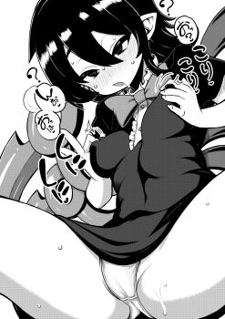 1girl ? asymmetrical_wings blush bow bowtie breasts buttons cameltoe center_frills commentary_request dress feet_out_of_frame frills grabbing_own_breast greyscale hair_between_eyes highres himajin_noizu houjuu_nue medium_breasts monochrome nose_blush open_mouth panties pointy_ears short_dress short_hair solo spread_legs touhou underwear wings