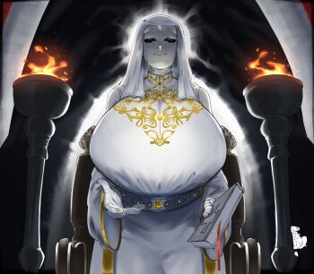1girl absurdres bible_(object) breasts genderswap genderswap_(mtf) gloves grey_mask hand_up highres huge_breasts indoors king_baldwin_iv kingdom_of_heaven looking_at_viewer monkey_draw solo tented_shirt torch white_gloves
