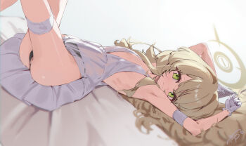 1girl alternate_costume arm_strap armpits bed_sheet black_panties blonde_hair blue_archive dan_nako dress feet_out_of_frame flat_chest gloves green_eyes hair_spread_out halo highres light_smile loli long_hair looking_at_viewer lying on_back panties professor_niyaniya_(blue_archive) see-through_clothes see-through_dress signature sleeveless sleeveless_dress solo thigh_strap underwear very_long_hair white_dress white_gloves