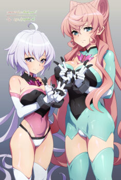 2girls ahoge blue_eyes blush breasts cameltoe cleavage covered_erect_nipples covered_navel cuffs double_v elbow_gloves embarrassed gloves grey_background handcuffs large_breasts leotard long_hair looking_at_viewer maria_cadenzavna_eve multiple_girls pink_hair pink_leotard purple_eyes purple_hair senki_zesshou_symphogear shiny_skin skin_tight standing thighhighs uganda_(ugandam_00) v very_long_hair yukine_chris
