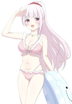 Rule 34 | 1girl, absurdres, bikini, blush, breasts, cleavage, collarbone, commentary request, dot nose, hair ornament, hair scrunchie, highres, holding, holding swim ring, innertube, jewelry, large breasts, long hair, looking at viewer, navel, necklace, nijisanji, norigure18, open mouth, pink bikini, pink eyes, pink hair, ponytail, red scrunchie, scrunchie, shiina yuika, shiina yuika (6th costume), simple background, smile, solo, standing, swim ring, swimsuit, virtual youtuber, white background